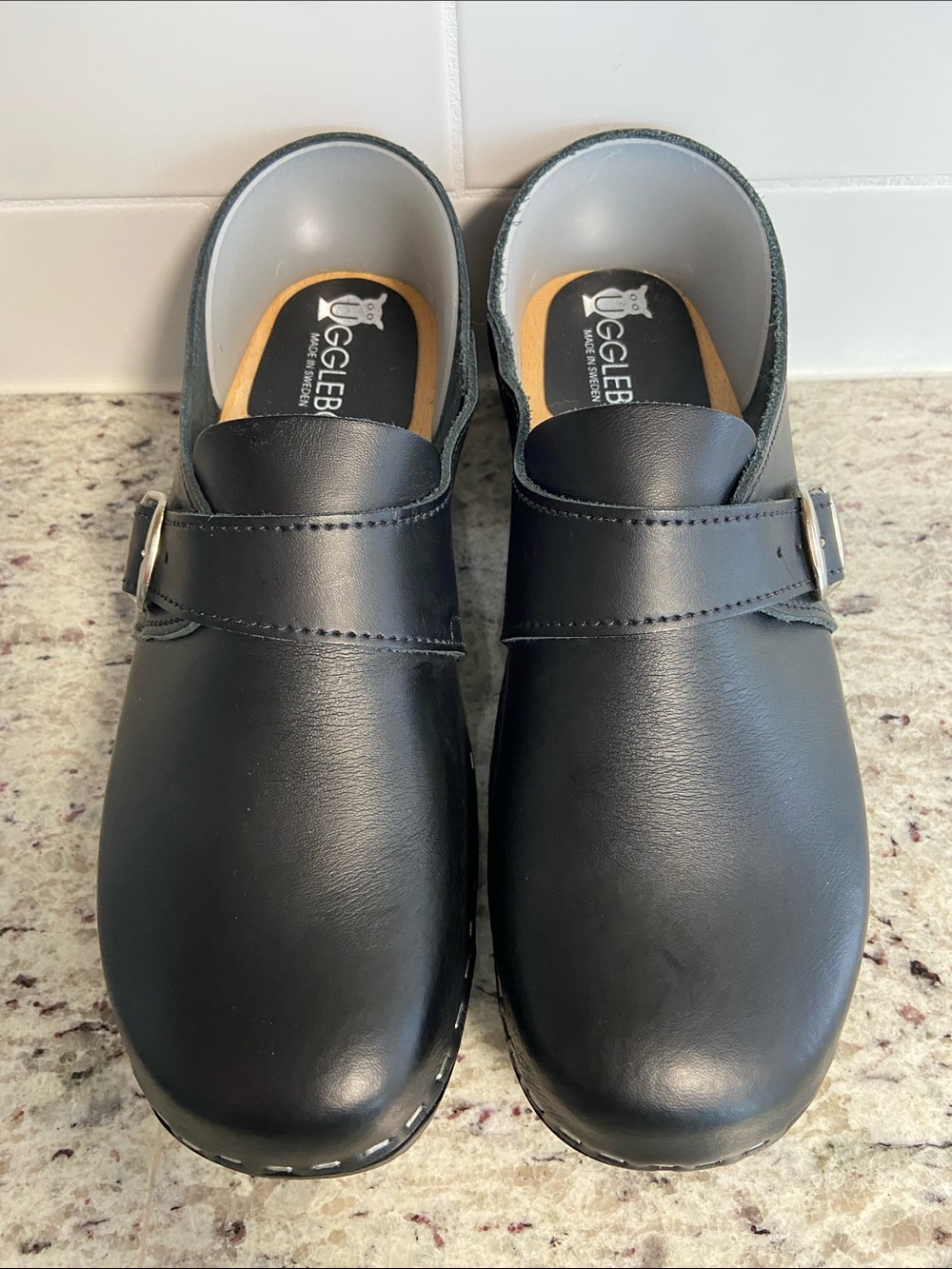 Ugglebo Gunnar Black Leather Nickel Buckle Chunky Heel Swedish Retro Closed Clog